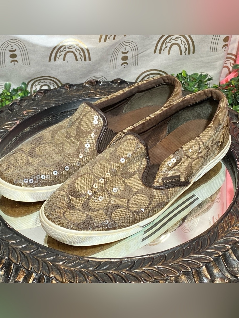 Coach Brown Signature Sequin Slip-On Sneakers